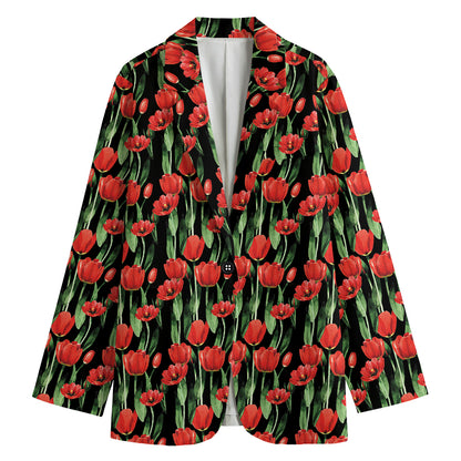 Red Watercolor Tulip Pattern Print Women's Cotton Blazer