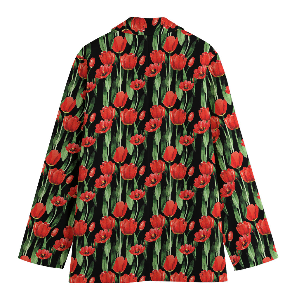 Red Watercolor Tulip Pattern Print Women's Cotton Blazer