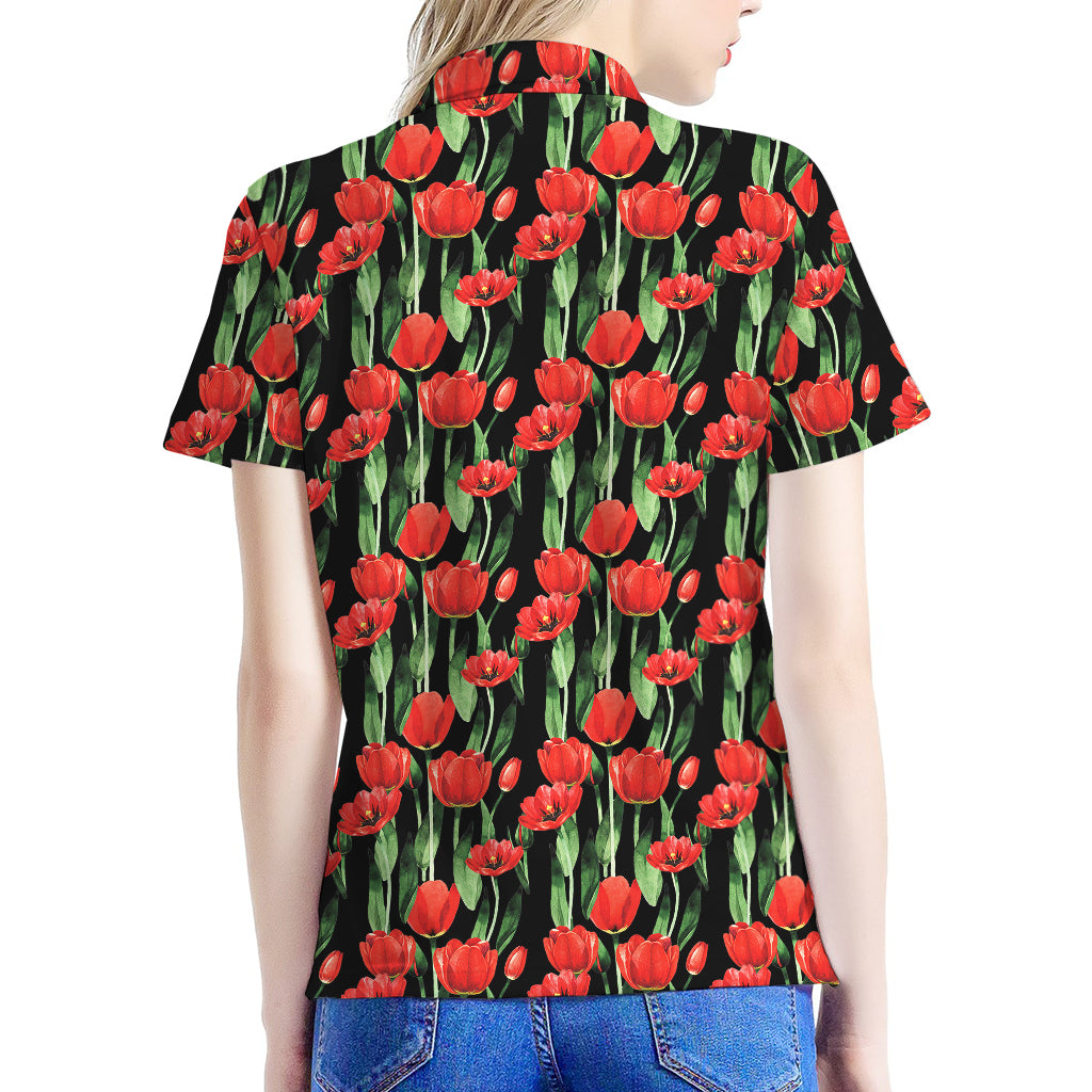 Red Watercolor Tulip Pattern Print Women's Polo Shirt