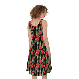 Red Watercolor Tulip Pattern Print Women's Sleeveless Dress