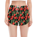 Red Watercolor Tulip Pattern Print Women's Split Running Shorts