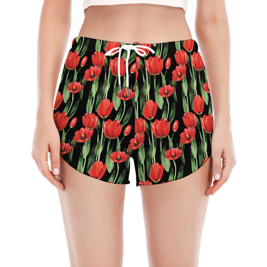 Red Watercolor Tulip Pattern Print Women's Split Running Shorts