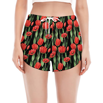 Red Watercolor Tulip Pattern Print Women's Split Running Shorts