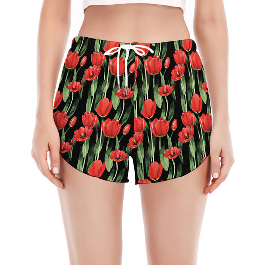 Red Watercolor Tulip Pattern Print Women's Split Running Shorts