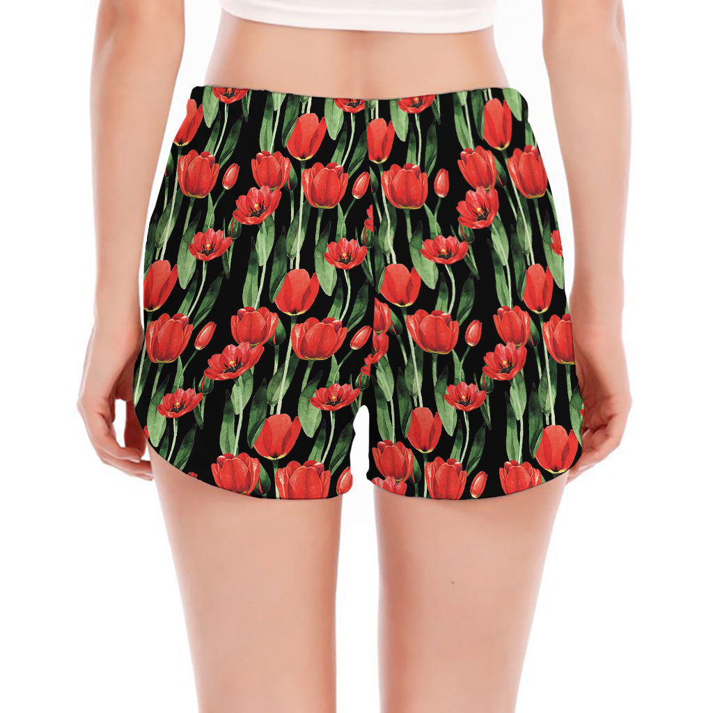 Red Watercolor Tulip Pattern Print Women's Split Running Shorts