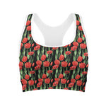 Red Watercolor Tulip Pattern Print Women's Sports Bra