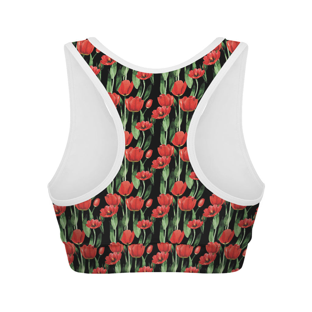 Red Watercolor Tulip Pattern Print Women's Sports Bra