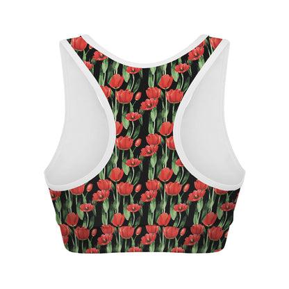Red Watercolor Tulip Pattern Print Women's Sports Bra
