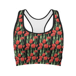 Red Watercolor Tulip Pattern Print Women's Sports Bra