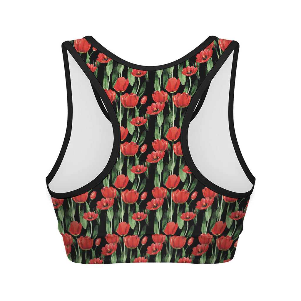 Red Watercolor Tulip Pattern Print Women's Sports Bra