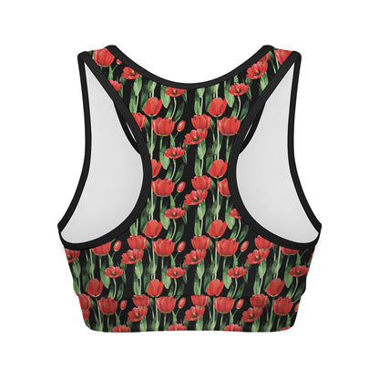 Red Watercolor Tulip Pattern Print Women's Sports Bra