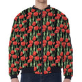 Red Watercolor Tulip Pattern Print Zip Sleeve Bomber Jacket