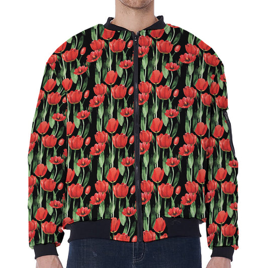Red Watercolor Tulip Pattern Print Zip Sleeve Bomber Jacket