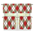 Red White And Beige Argyle Pattern Print 3 Piece Kitchen Curtains