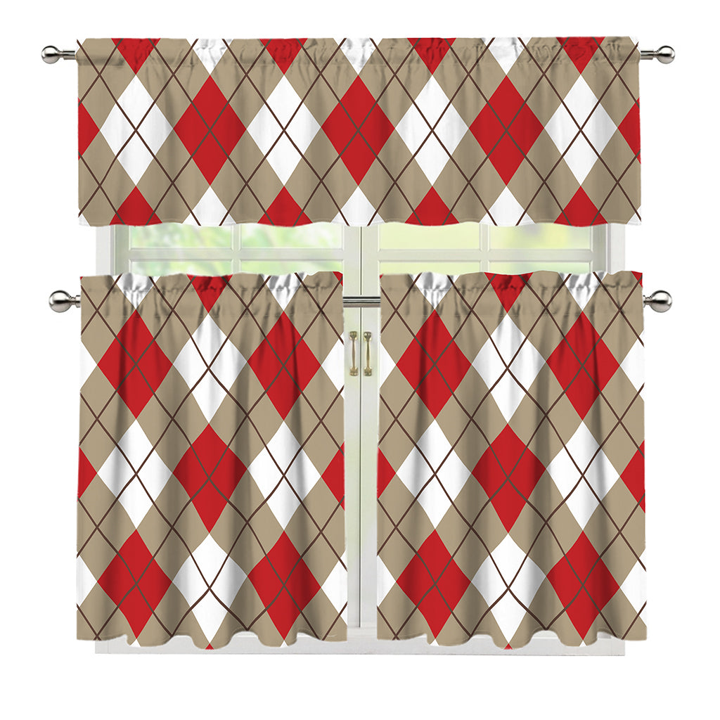 Red White And Beige Argyle Pattern Print 3 Piece Kitchen Curtains