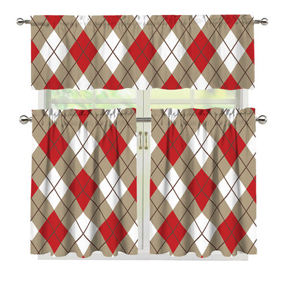 Red White And Beige Argyle Pattern Print 3 Piece Kitchen Curtains
