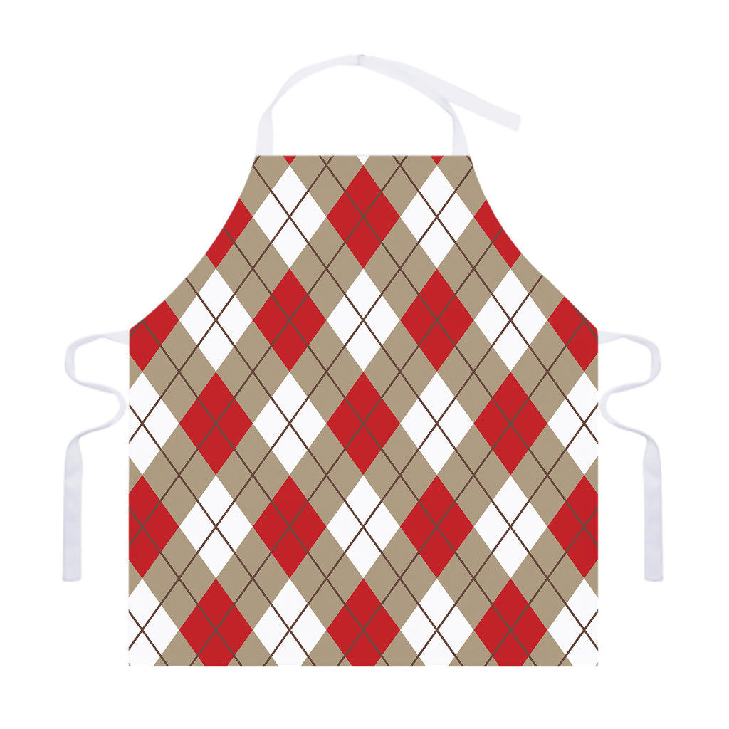 Red White And Beige Argyle Pattern Print Adjustable Apron