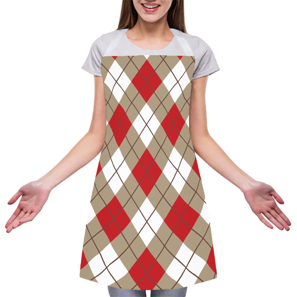 Red White And Beige Argyle Pattern Print Adjustable Apron