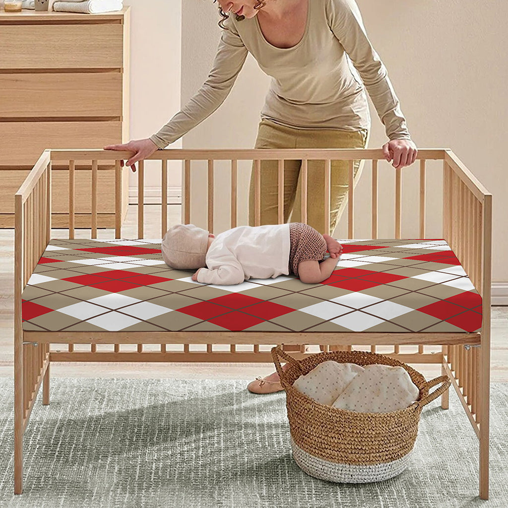 Red White And Beige Argyle Pattern Print Baby Crib Sheet