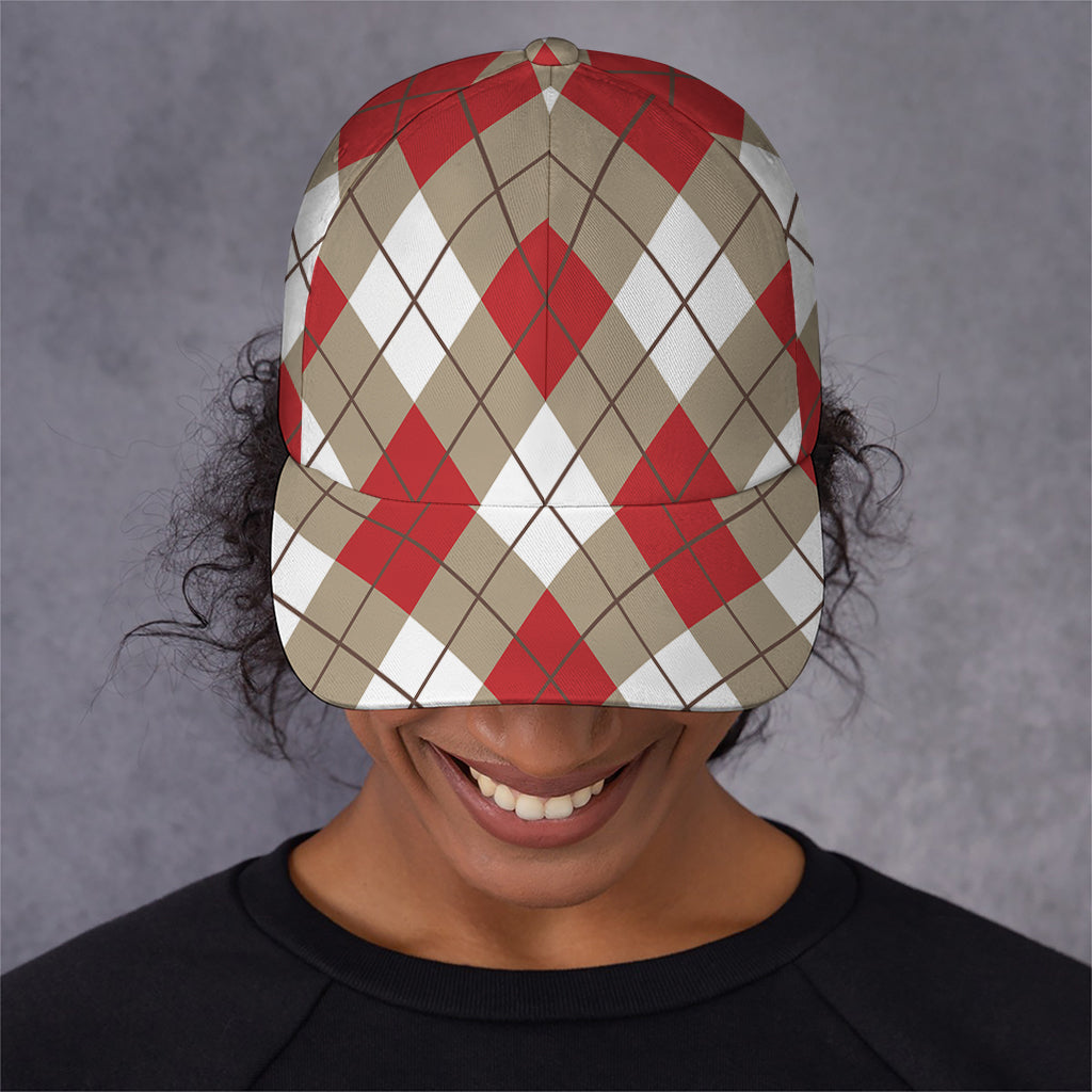 Red White And Beige Argyle Pattern Print Baseball Cap