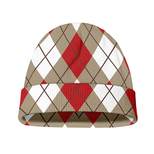 Red White And Beige Argyle Pattern Print Beanie