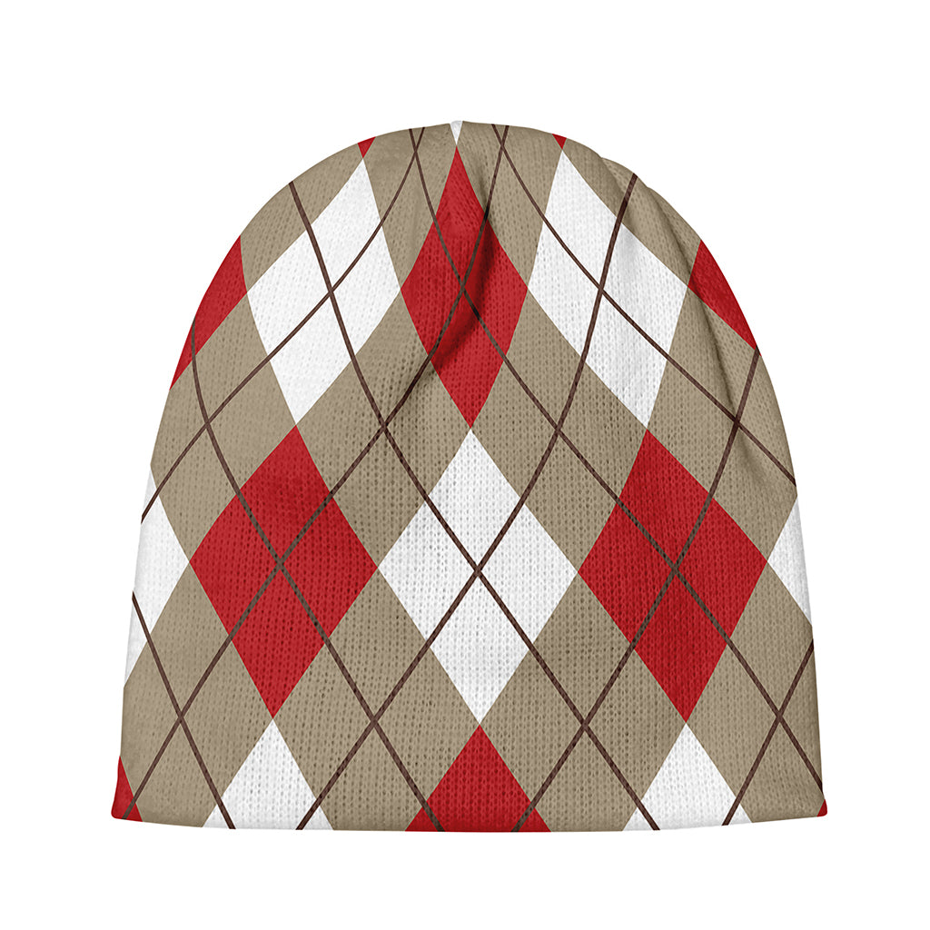 Red White And Beige Argyle Pattern Print Beanie