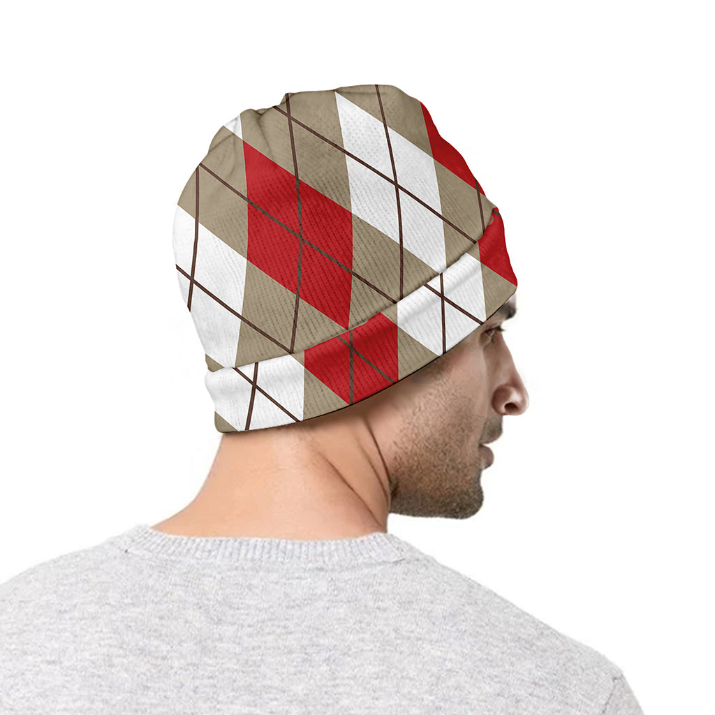 Red White And Beige Argyle Pattern Print Beanie
