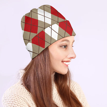 Red White And Beige Argyle Pattern Print Beanie