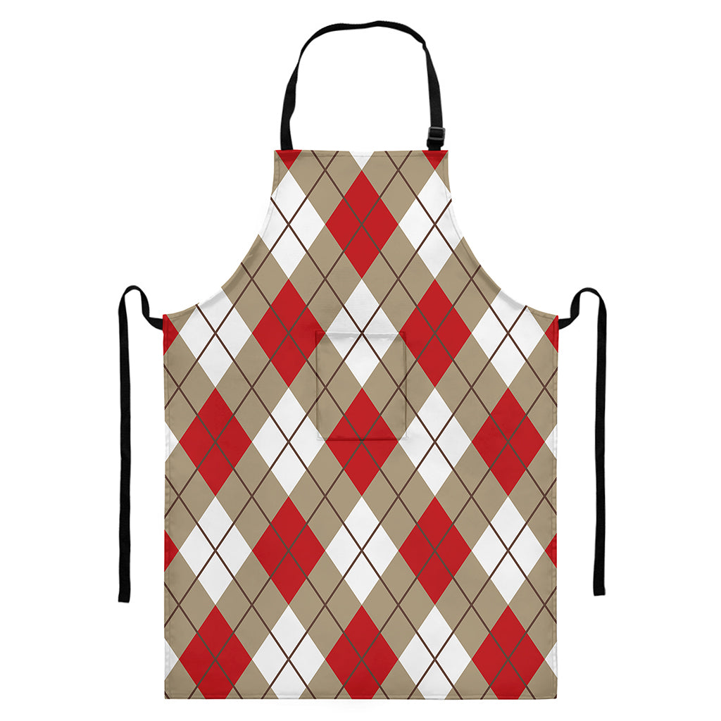 Red White And Beige Argyle Pattern Print Bib Apron With Pocket