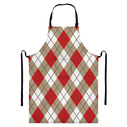 Red White And Beige Argyle Pattern Print Bib Apron With Pocket