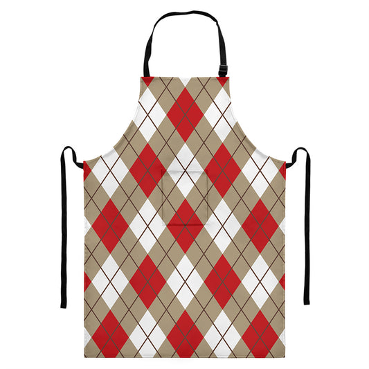Red White And Beige Argyle Pattern Print Bib Apron With Pocket