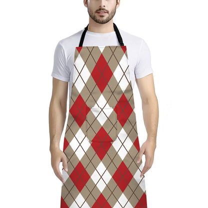 Red White And Beige Argyle Pattern Print Bib Apron With Pocket