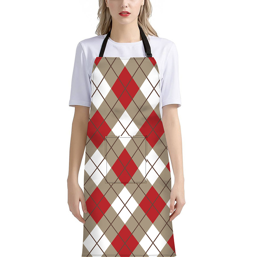 Red White And Beige Argyle Pattern Print Bib Apron With Pocket