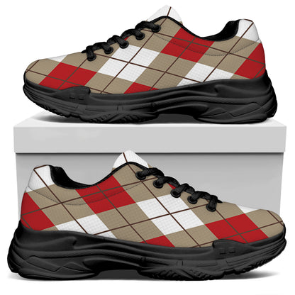 Red White And Beige Argyle Pattern Print Black Chunky Shoes