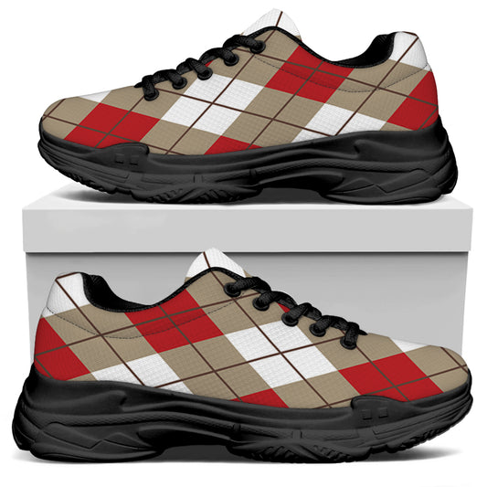 Red White And Beige Argyle Pattern Print Black Chunky Shoes