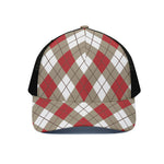 Red White And Beige Argyle Pattern Print Black Mesh Trucker Cap