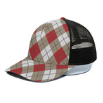 Red White And Beige Argyle Pattern Print Black Mesh Trucker Cap