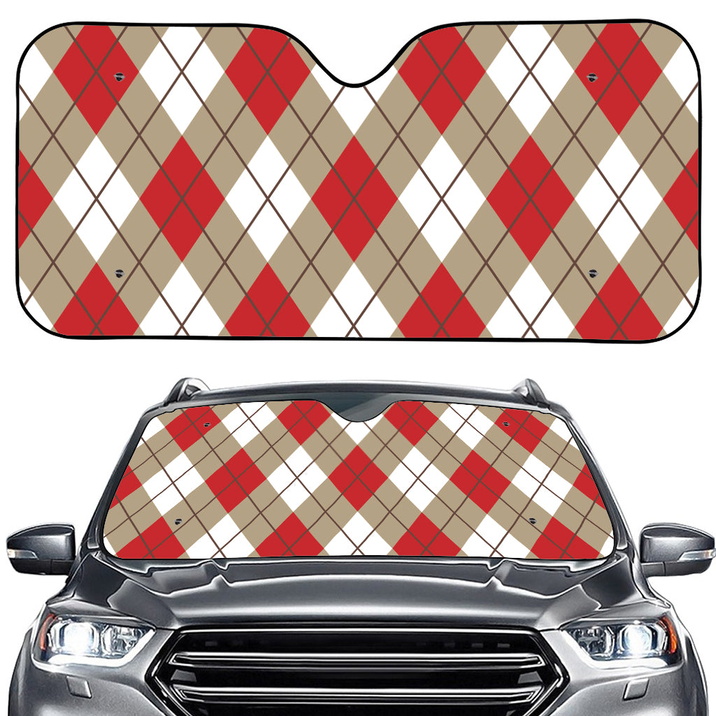 Red White And Beige Argyle Pattern Print Car Windshield Sun Shade