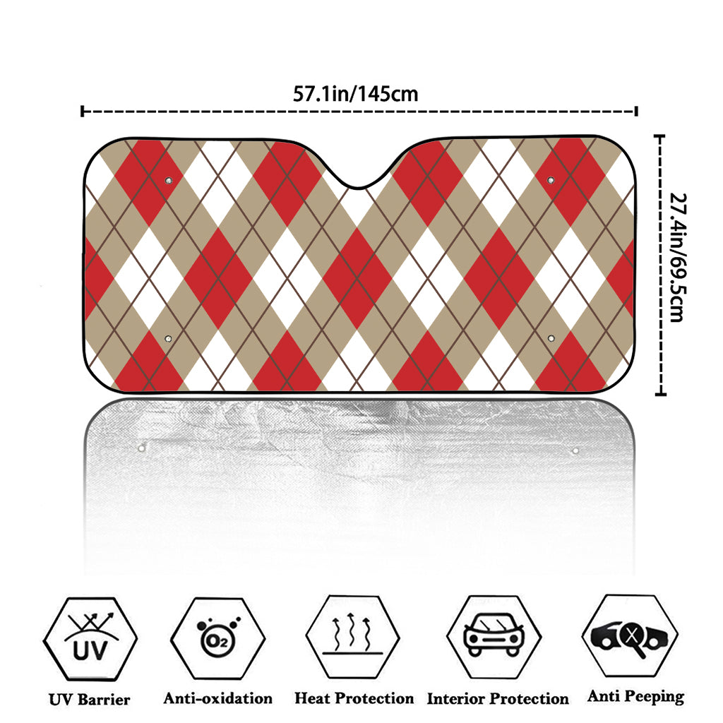Red White And Beige Argyle Pattern Print Car Windshield Sun Shade