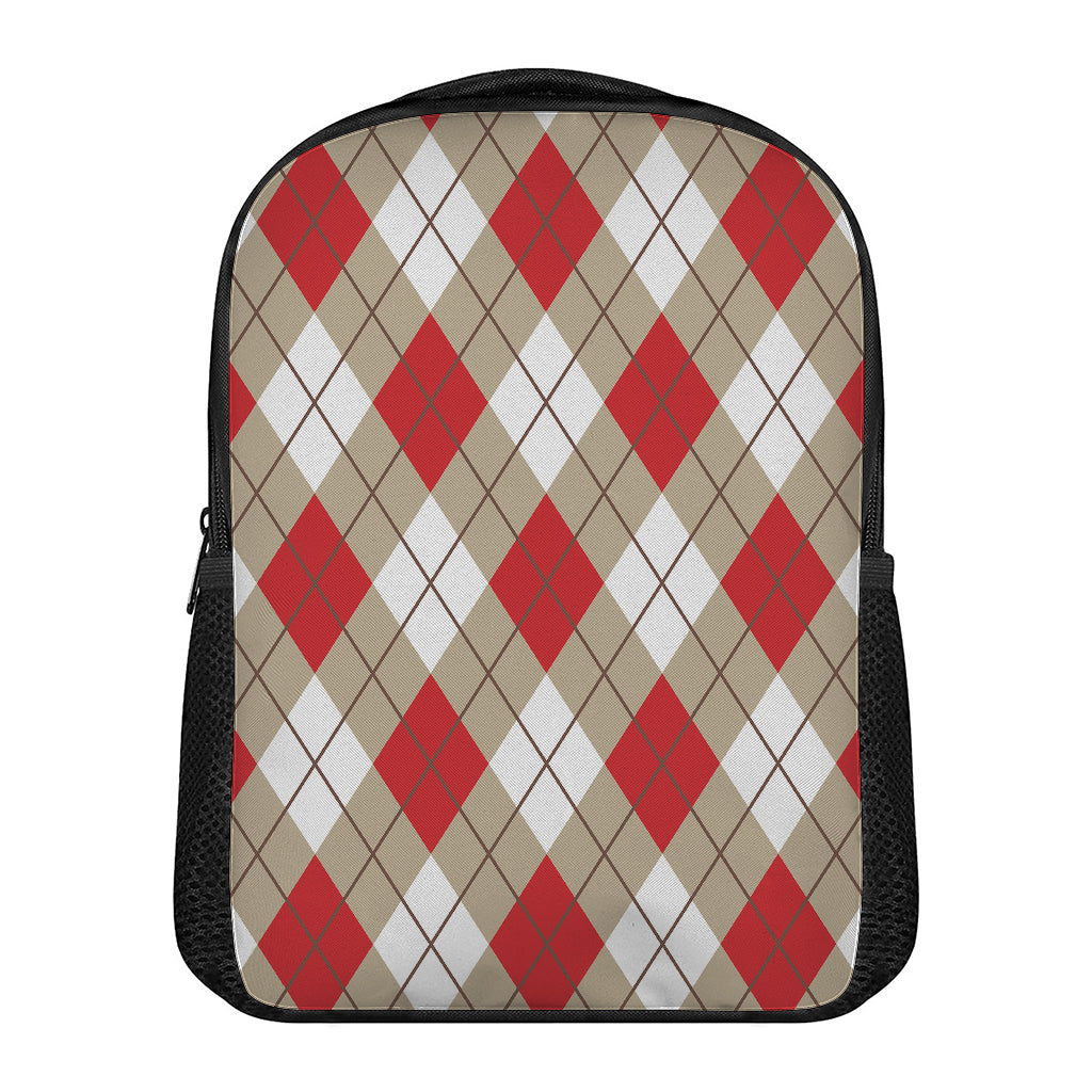 Red White And Beige Argyle Pattern Print Casual Backpack