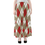 Red White And Beige Argyle Pattern Print Chiffon Maxi Skirt