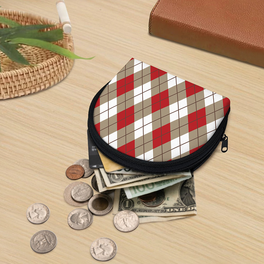 Red White And Beige Argyle Pattern Print Coin Purse