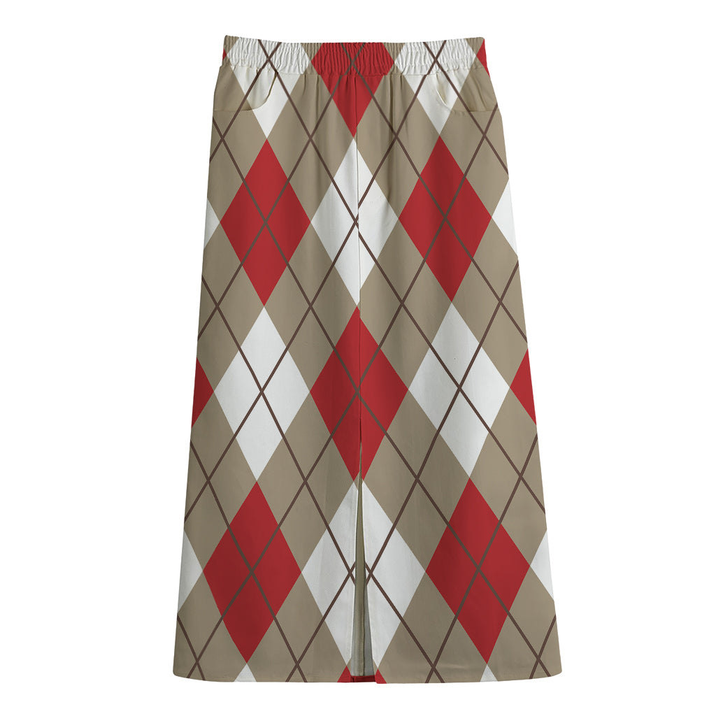 Red White And Beige Argyle Pattern Print Cotton Front Slit Maxi Skirt