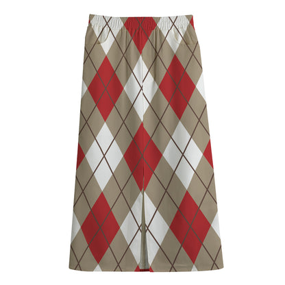 Red White And Beige Argyle Pattern Print Cotton Front Slit Maxi Skirt
