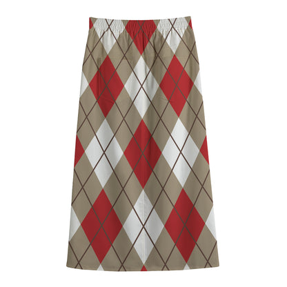 Red White And Beige Argyle Pattern Print Cotton Front Slit Maxi Skirt