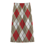Red White And Beige Argyle Pattern Print Cotton Front Slit Maxi Skirt