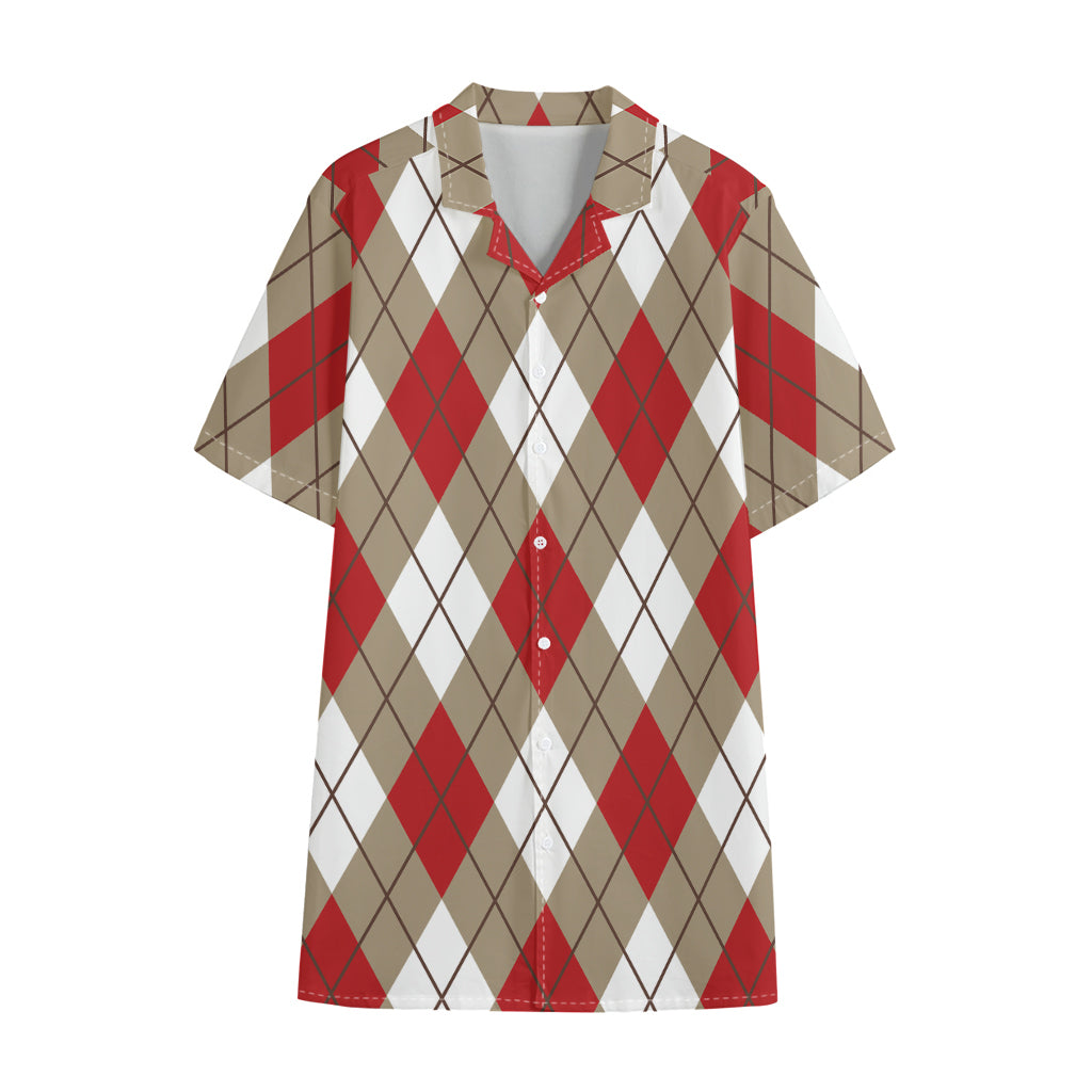 Red White And Beige Argyle Pattern Print Cotton Hawaiian Shirt