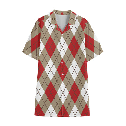 Red White And Beige Argyle Pattern Print Cotton Hawaiian Shirt