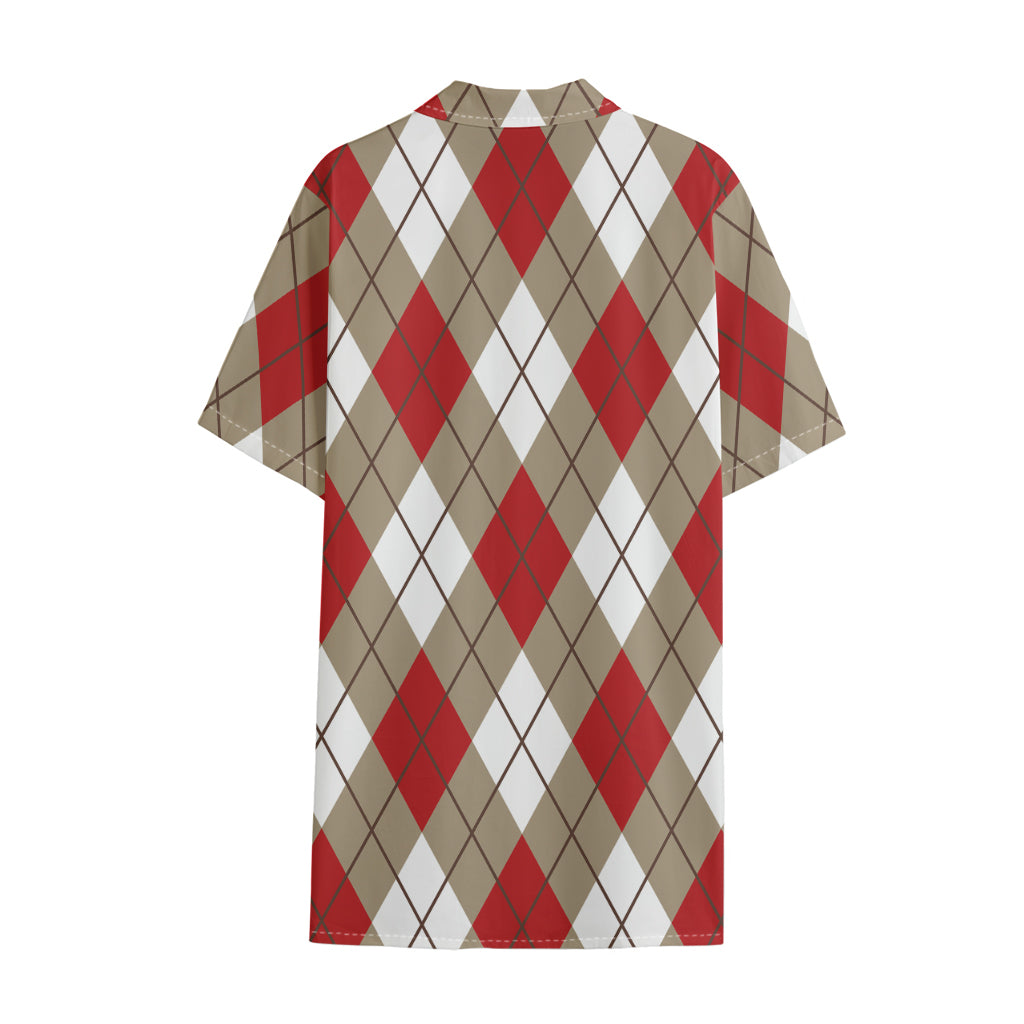Red White And Beige Argyle Pattern Print Cotton Hawaiian Shirt
