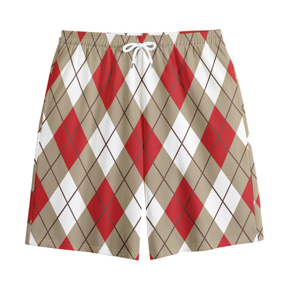 Red White And Beige Argyle Pattern Print Cotton Shorts